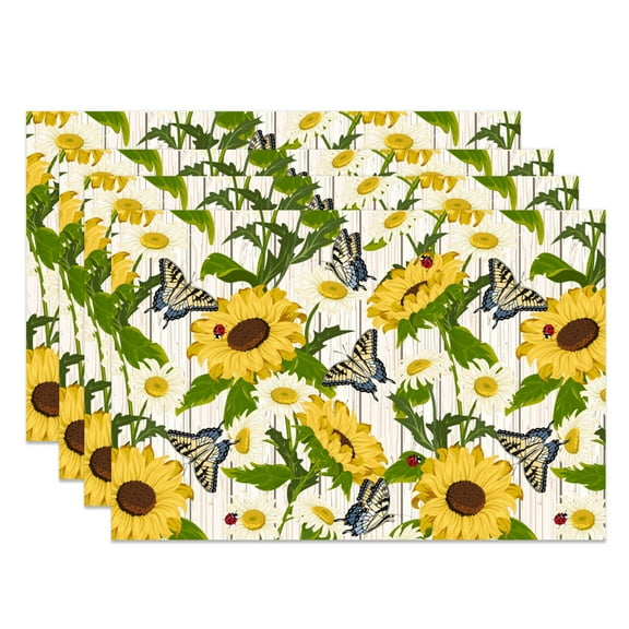 SUNOLIFE Yellow Sunflower Placemats Floral with Butterfly Table Mats Set of 4,Flower Mats for Dining Table Decorations 12x18 inch