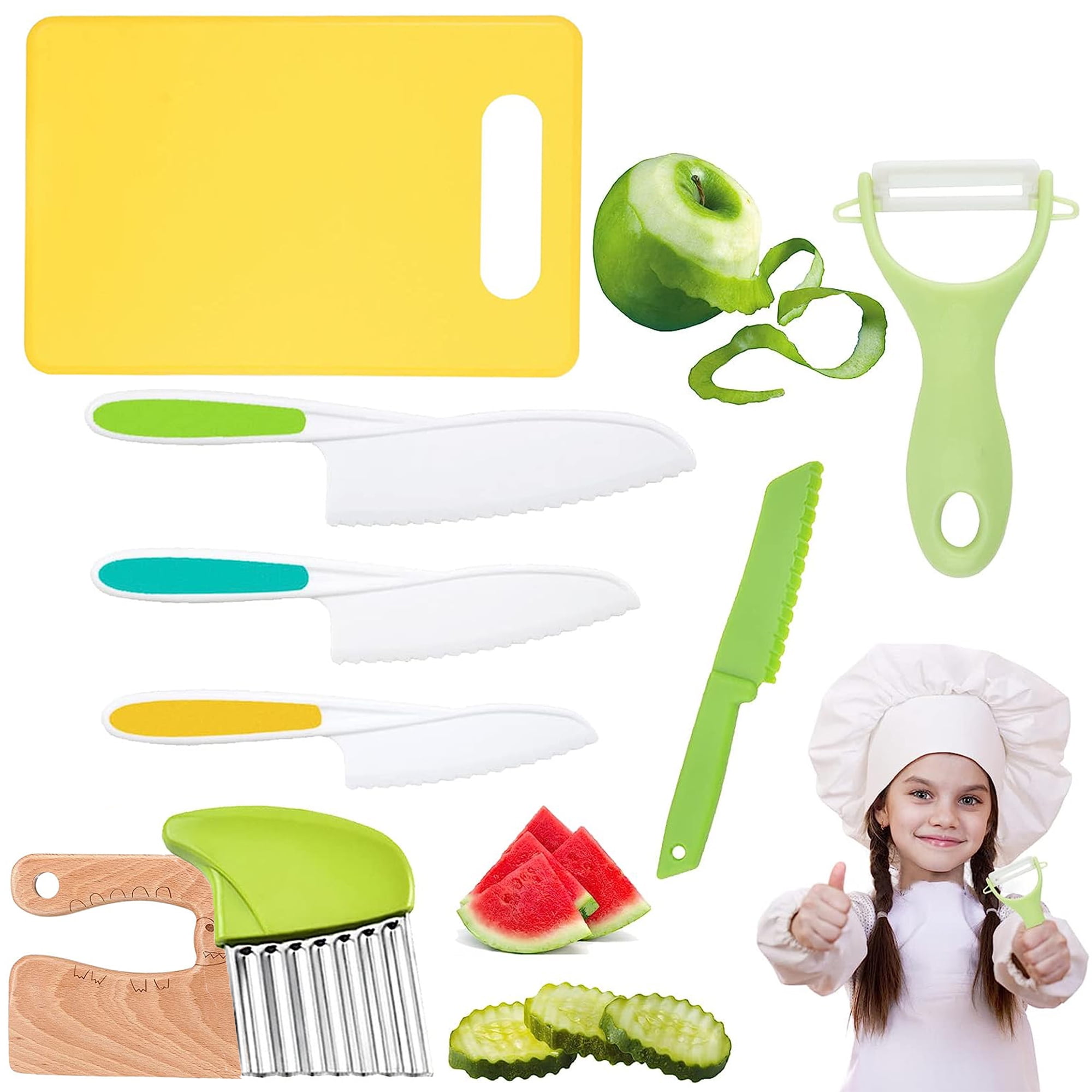 8Pcs Kids Plastic Kitchen Knife Set, Wooden Safety Knives for Children