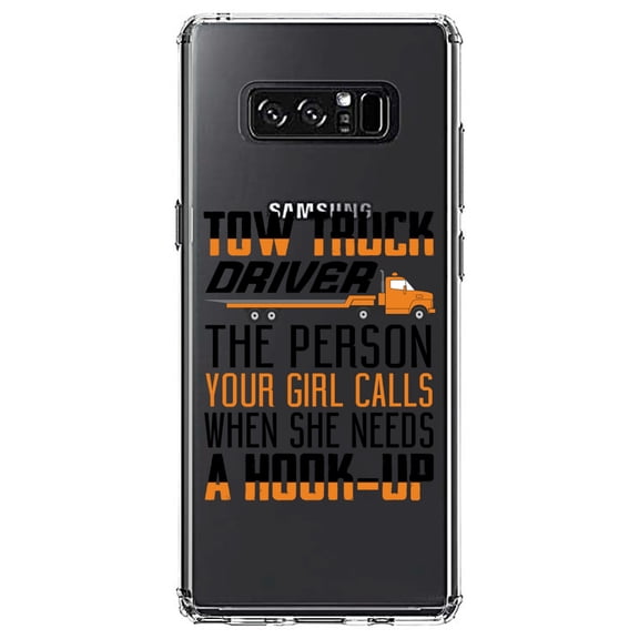 DistinctInk Clear Shockproof Hybrid Case for Samsung Galaxy Note 8 - TPU Bumper Acrylic Back Tempered Glass Screen Protector - Tow Truck Driver Your Girl Calls Hook Up