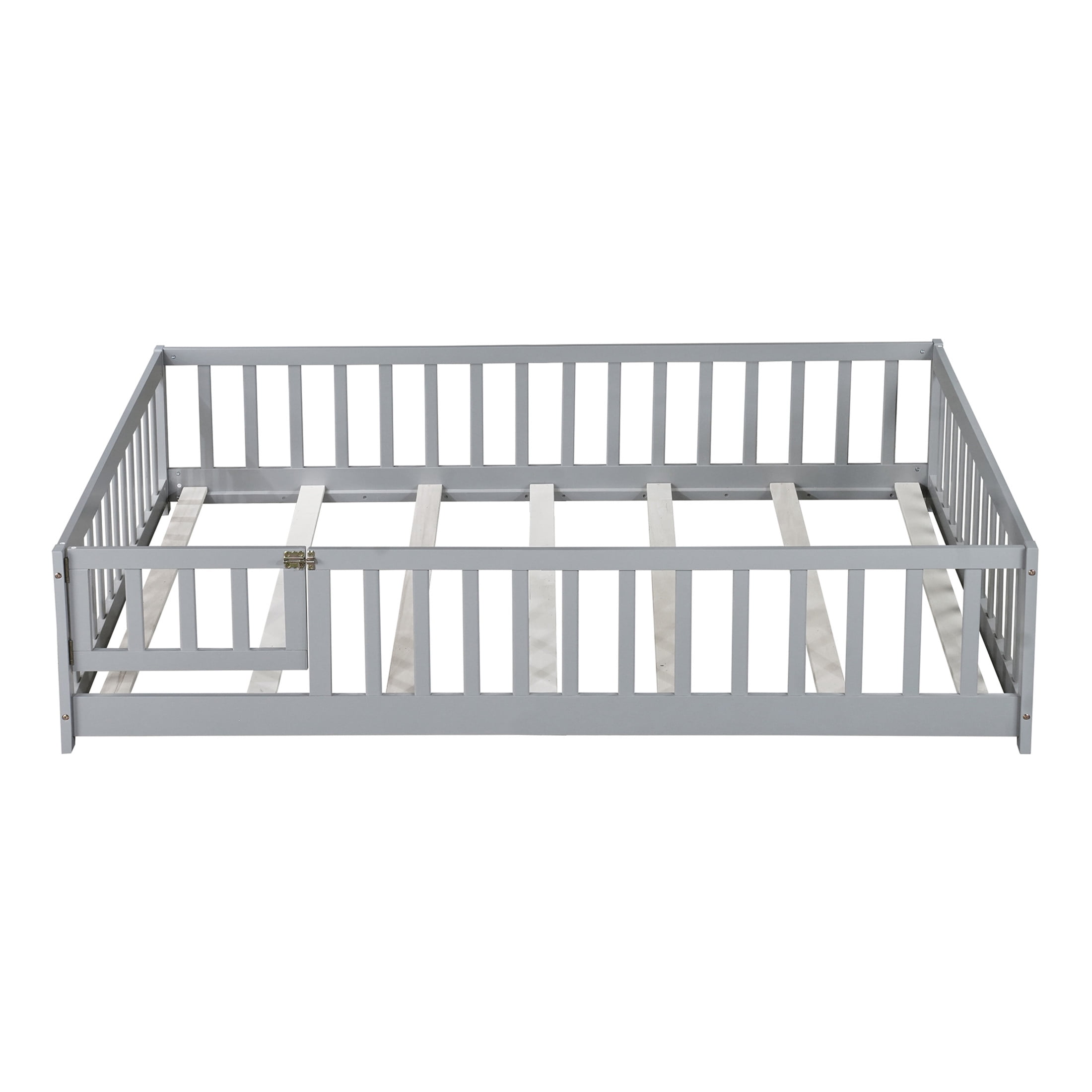 Noble House Mira Full Floor Bed with Fence and Door, Sturdy Rubber Wood Montessori Bed Frame, Kid's Room, Gray