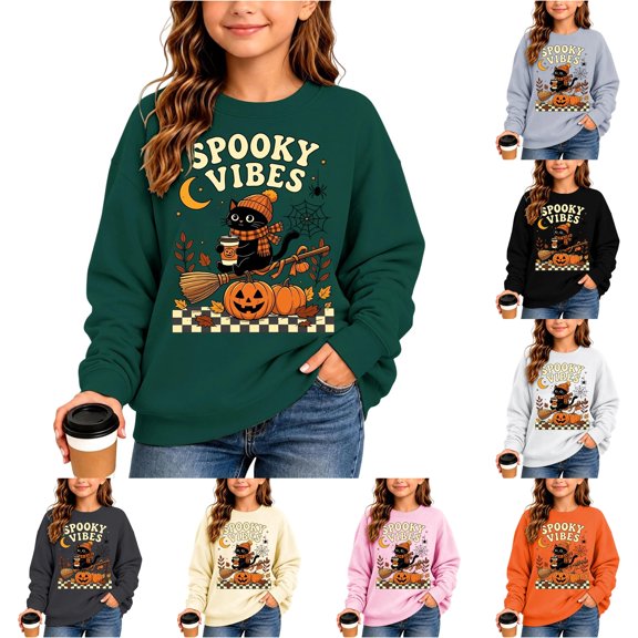 Venzia Women Cute Fall Sweatshirt, Retro Pumpkin Black Cat Cartoon Graphic Crewneck Casual Autumn Pullover Top