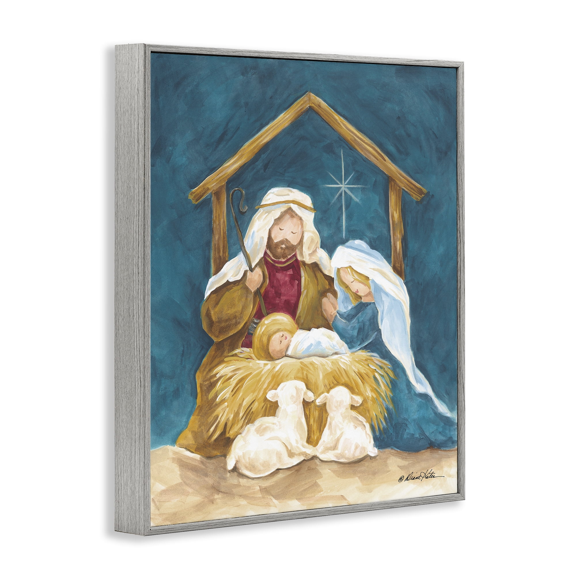 Comforting Nativity Painting Gray Framed Giclee Art, design by Diane Kater