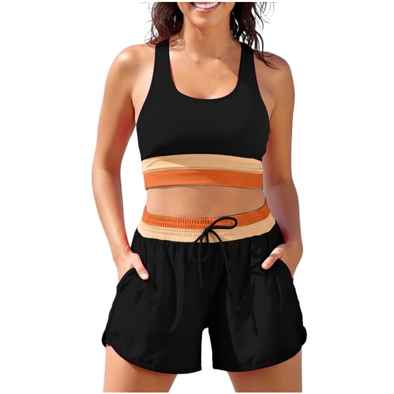 ZGRBOU Women's Sporty Two Piece Swimsuits Color Block Crop Tank Tops and Boyshorts Bottom Athletic Full Coverage Bathing Suits