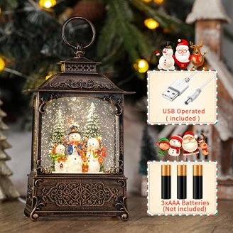 Christmas Snow Globe Lantern With Music - 8 Holiday Songs, 6 Hour Timer, USB/Battery Powered, Xmas Decor Gift