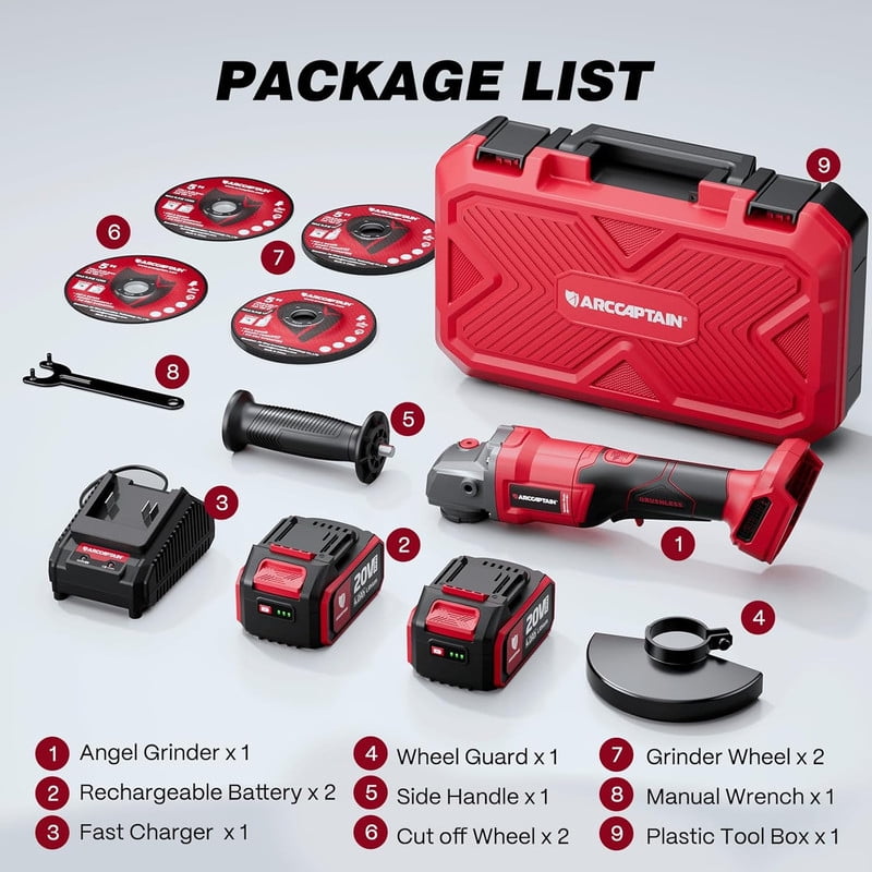 ARCCAPTAIN 5" Brushless Angle Grinder Kit w/ 2 Batteries | 9500 RPM Paddle Switch | 180° Rotatable Head for Cutting, Grinding, and Polishing