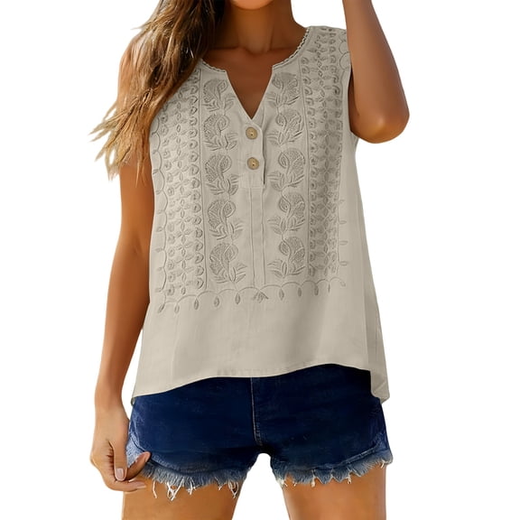 Womens Linen Embroidered Tank Tops Cotton Linen Vest Mexican Embroidered Tops Womens Sleeveless Tops Floral Gauze Sleeveless Beach Vacation Blouses Beige L