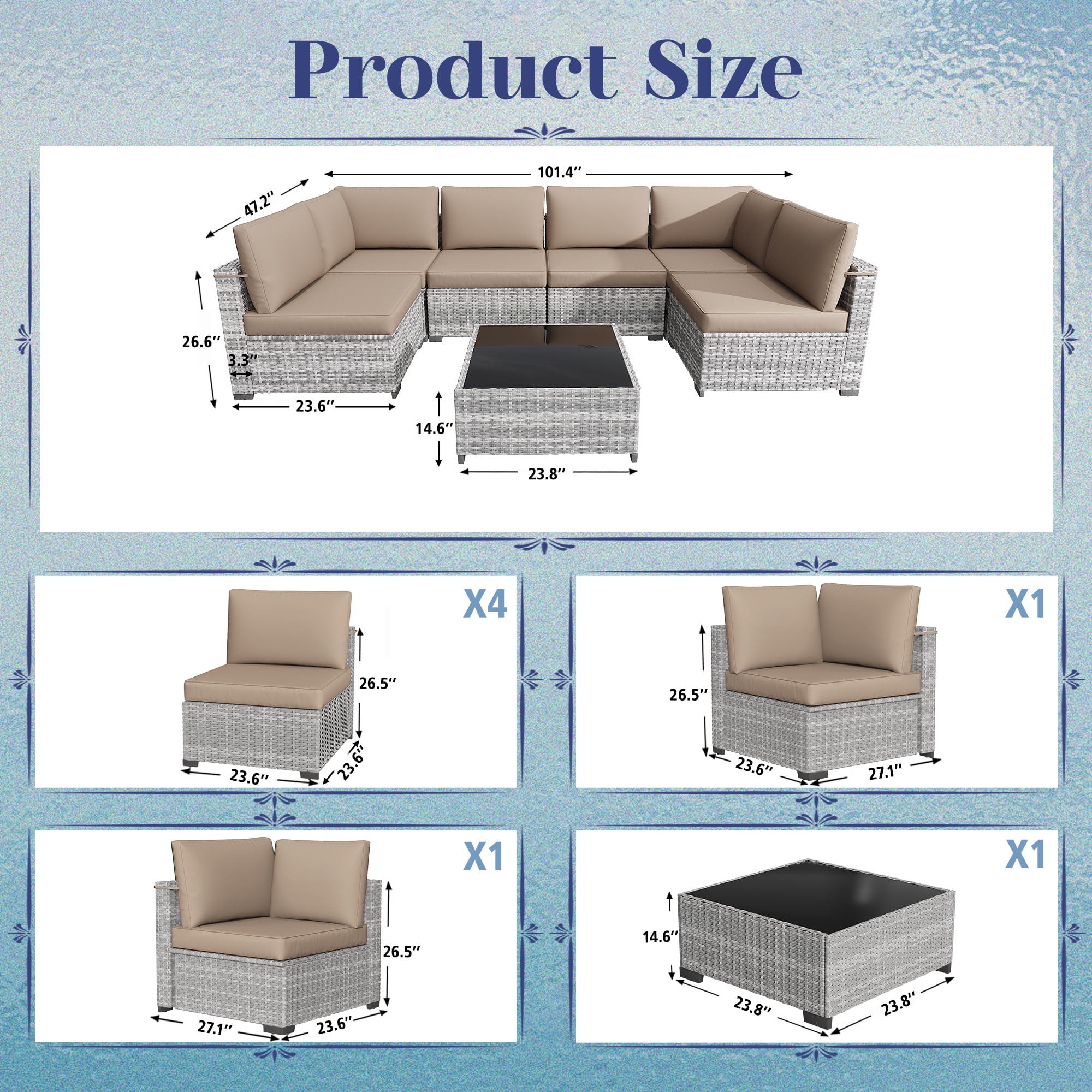 KIGOTY 7 Piece Outdoor Patio Furniture, Wicker Rattan Outdoor Conversation Set Sectional Sofas for Backyard, Garden, Grayish-white Camel