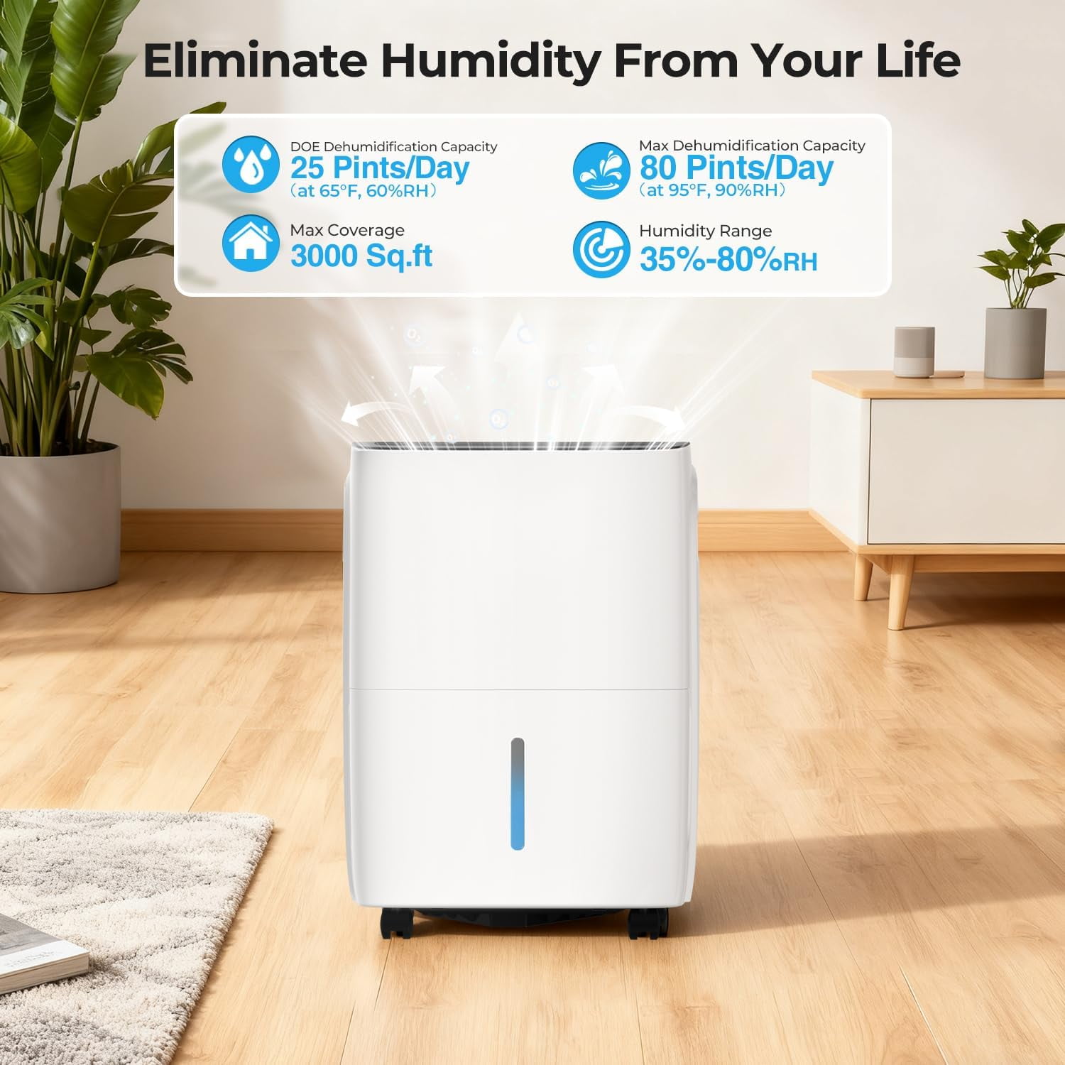 80 Pint Dehumidifier for Basement and Home, Covers up to 3000 Sq. Ft Rooms, High-Efficiency Compressor Dehumidifier with Drain Hose and 1.05 Gallons Water Tank, Auto Shut-Off, 24HR Timer