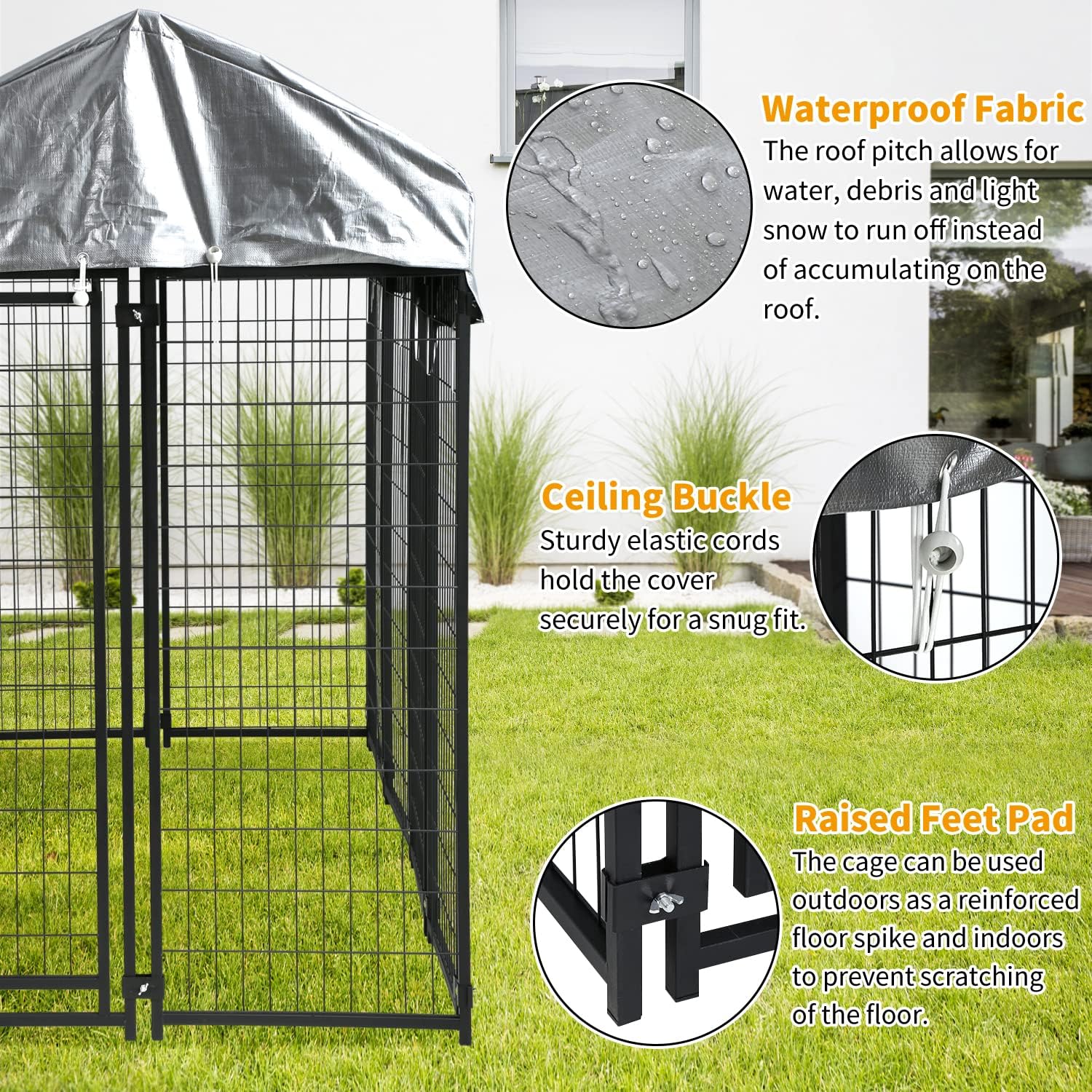 Dkelincs Large Dog Kennel 8'L x 4'W x 6'H Heavy Duty Outdoor Dog Crate Cage with Roof and Waterproof Cover, Black