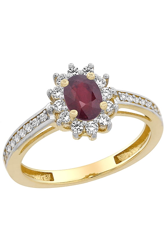 14K Yellow Gold Enhanced Ruby Flower Halo Ring Oval 6x4mm Diamond Accents, size 6.5