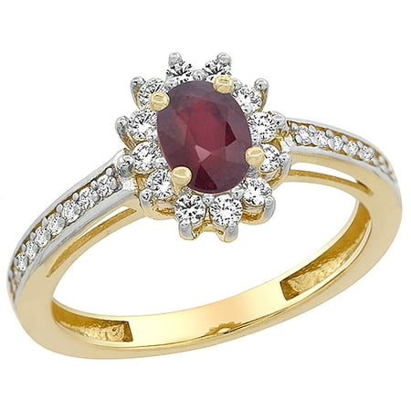 14K Yellow Gold Enhanced Ruby Flower Halo Ring Oval 6x4mm Diamond Accents, size 5