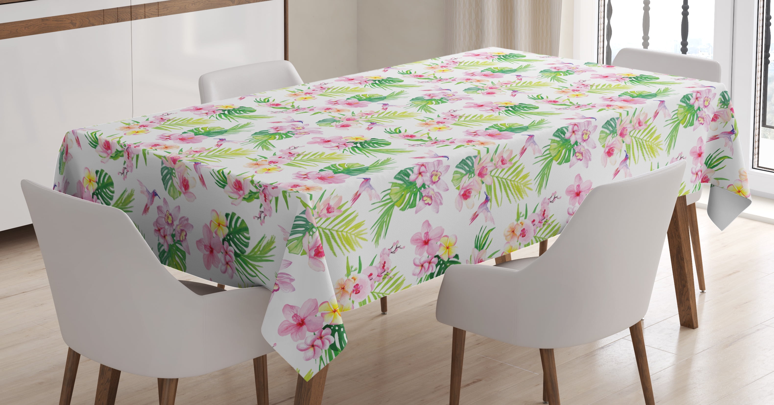 Luau Tablecloth, Hawaiian Flower Branches with Exotic Giant Leaves and