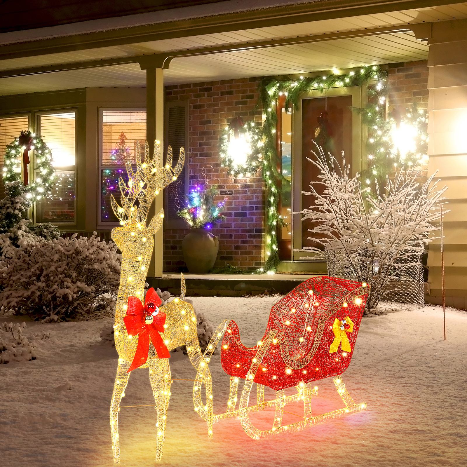 Zimtown Christmas Reindeer Set Outdoor Yard Decoration 4ft Reindeer & Sleigh LED Lights - Golden - image 4 of 9