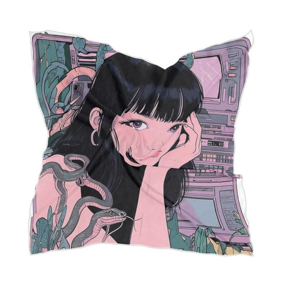 Retro Anime Style Girl Women's Fashion Soft Scarf Square Satin Head Scarf Neck Scarf Head Hair Wraps