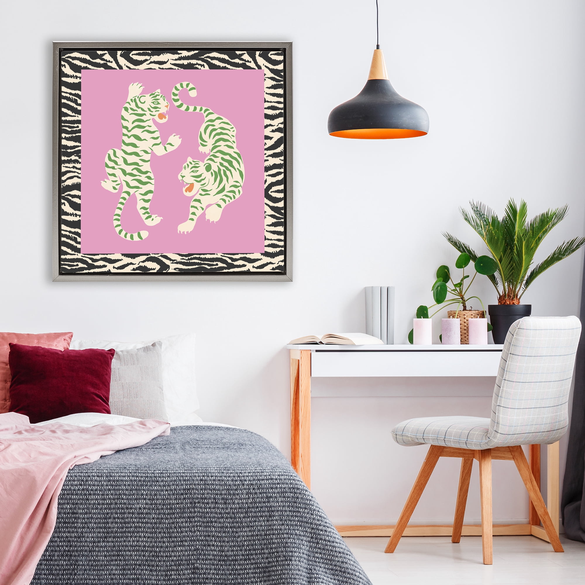 Stupell Industries Purple & Green Twin Tigers Gray Framed Floater Canvas Wall Art, design by Karolina Sato