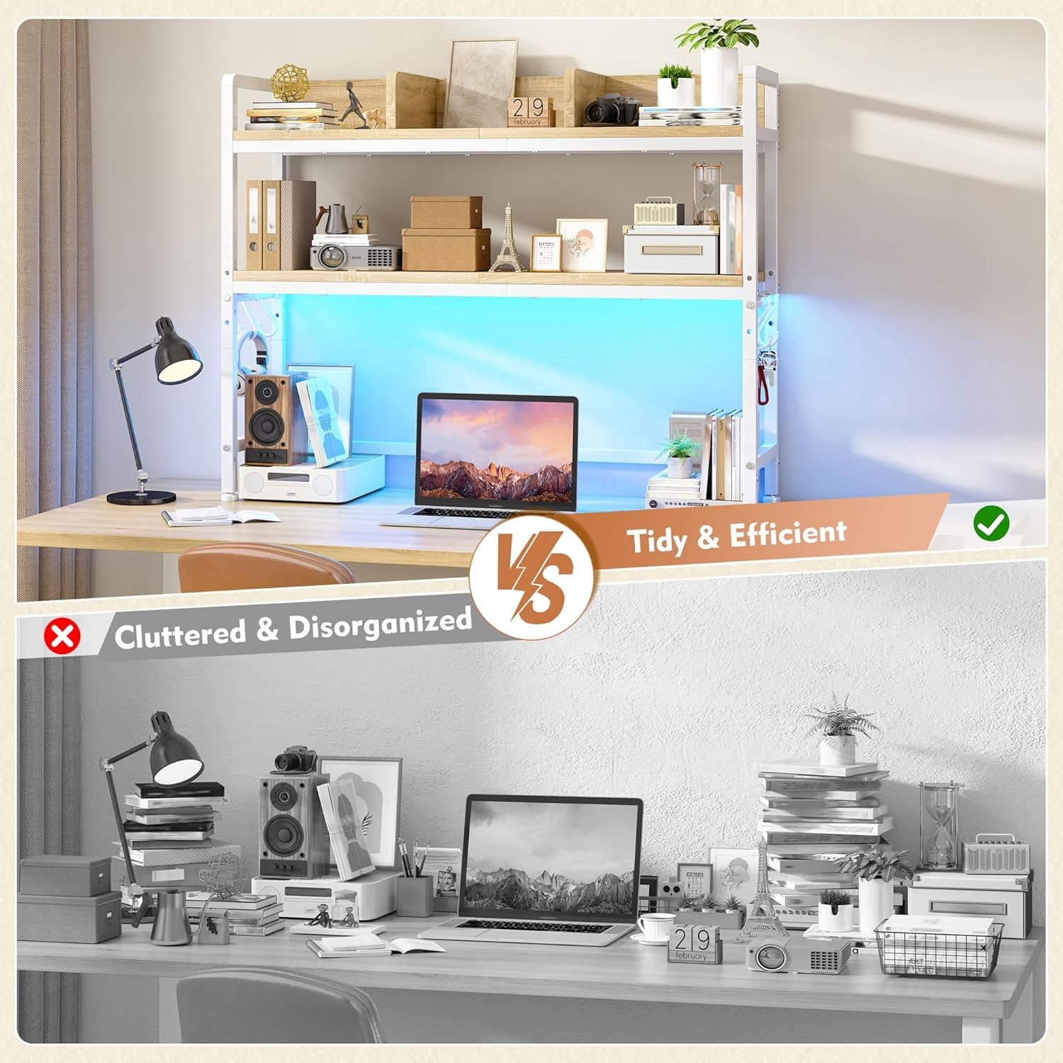 ZYPPP 35.5" Desk Shelf，2-Tier Adjustable Multipurpose Solid Wood Desktop Hutch Shelf，Countertop Storage Organizer Rack with 3 Desktop Display Rack for Dorm,Office Home,White