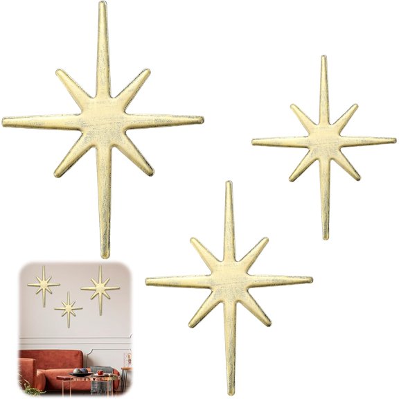 3 Pcs Cast Iron Starburst Eclectic Wall Hangings Metal Mid Century Modern Home 8 Pointed Stars Easy Install Starburst Wall Decor Vintage and Eclectic Elegant Decor Indoor Outdoor Pieces(Gold)