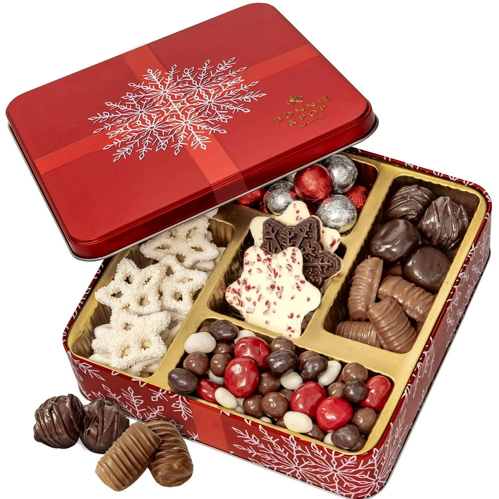 Bonnie and Pop Holiday Tin with Assorted Christmas Chocolate, Nuts