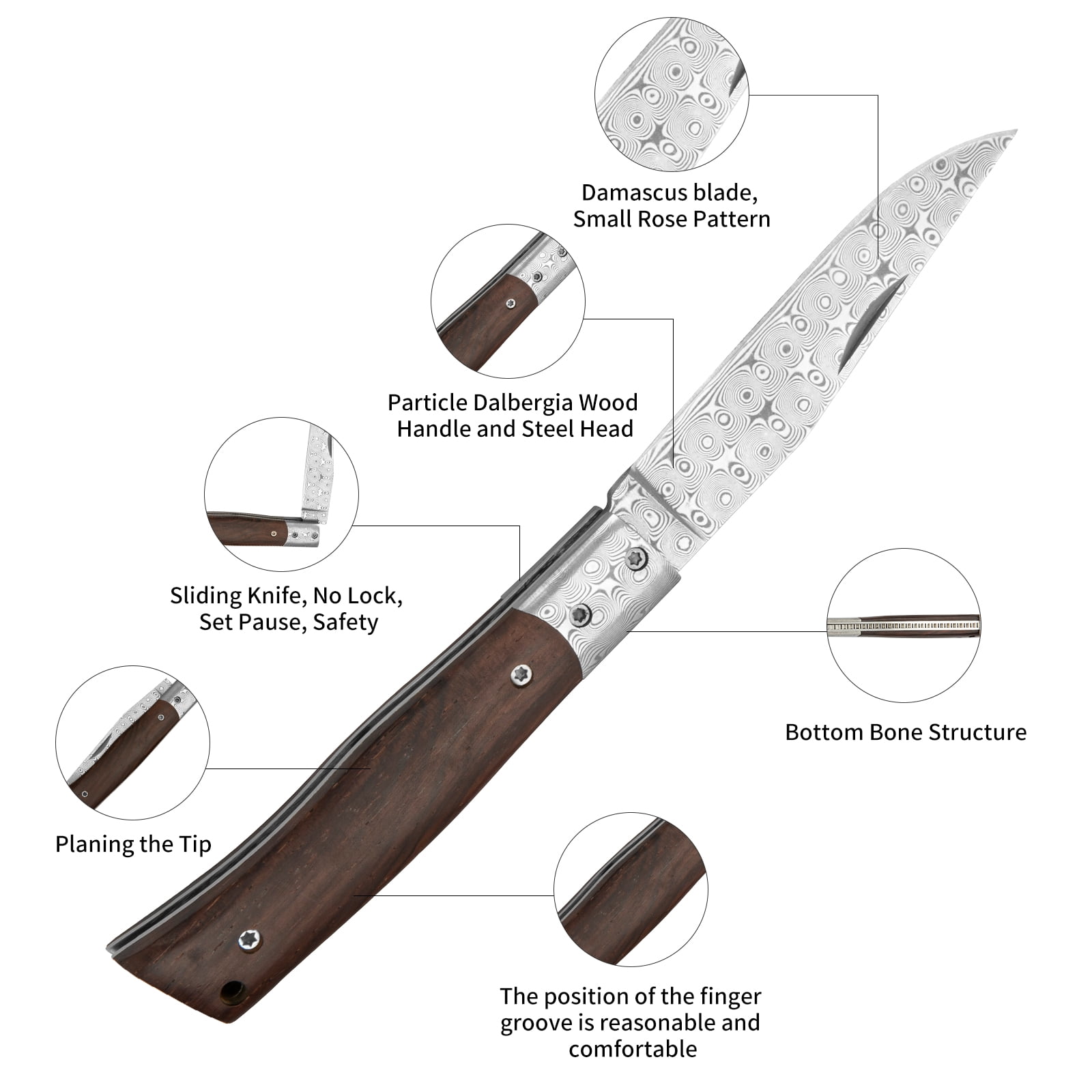 Dispatch 3.1 inch Blade Length Damascus Folding Pocket Knife with Vintage Wood Handle for Hiking, Camping and EDC
