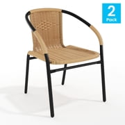 BizChair Set of 2 Commercial Grade Beige Rattan Indoor-Outdoor Restaurant Stack Chairs