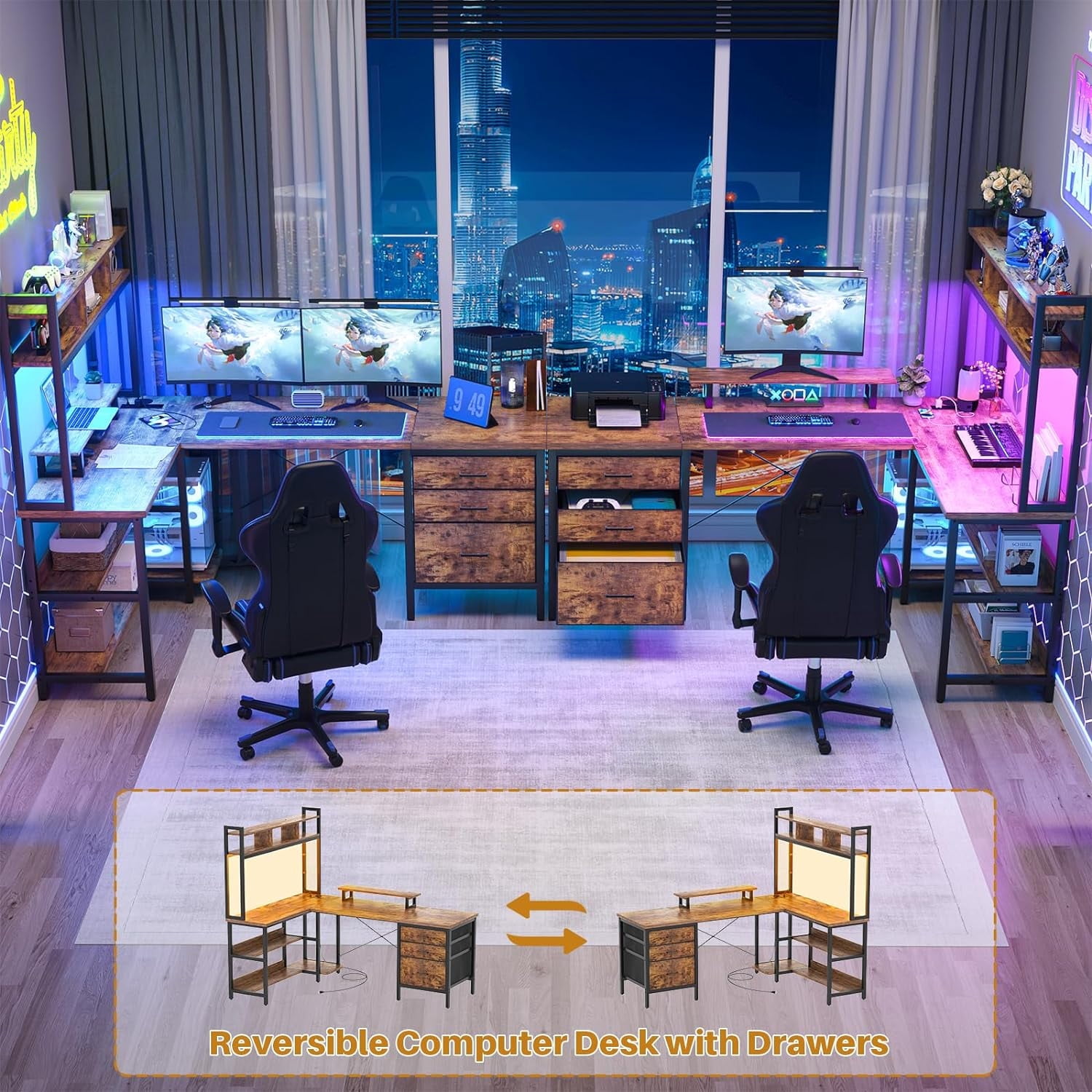 iSunirm L Shaped Gaming Desk with Storage, Computer Gaming Desk with LED Lights & Hutch, Reversible Computer Desk with Power Outlet, Corner Desk with Drawers, Shelves for Home, Rustic Brown