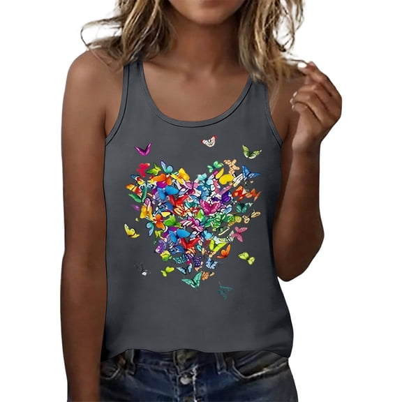 WEIWEN Womens Tank Tops Summer Fashion Colorful Butterfly Heart Printed Sleeveless Spaghetti Strap Tank Top for Women Vest Dark Gray, XL