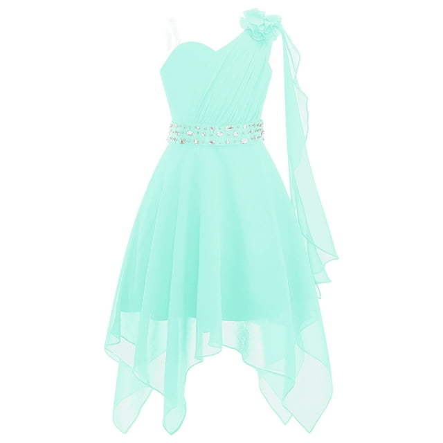 Ocealan Robe de Demoiselle d'Honneur à une Épaule pour Fille, Robe de Fête de Mariage Junior pour Enfants avec Ceinture Perlée, Vert Menthe 14