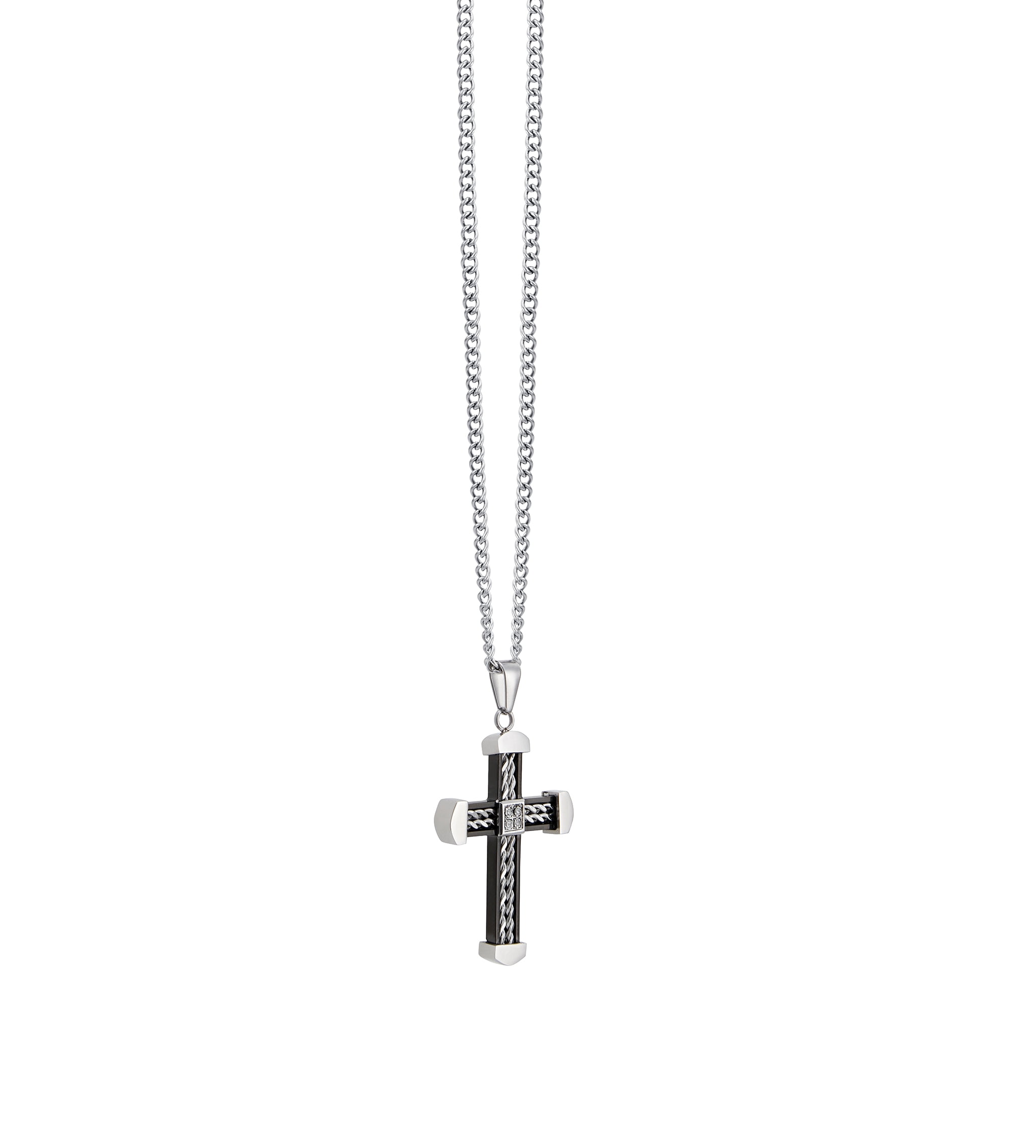 American Exchange Men's Diamond Stainless Steel Silver Cross Pendant Necklace