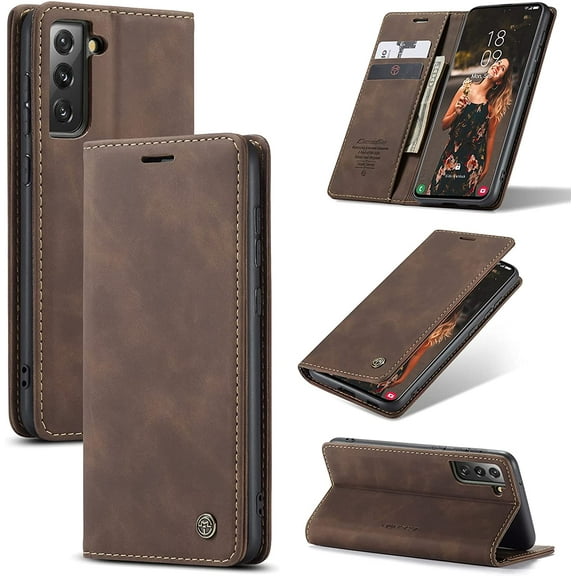 Wallet Case for Samsung Galaxy S21 FE 5G, Premium PU Leather Case Vintage Matte Wallet Flip Cover [Card Slots] [Magnetic Closure] Stand Function Folio Shockproof Full Protection - Coffee