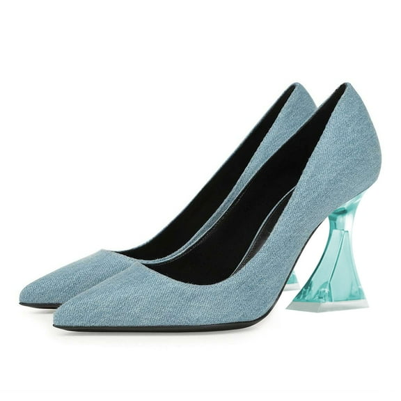 FSJ Women Classic Pointed Closed Toe Dressy Pumps Transparent Chunky Block High Heel Slip On Office Ladies Casual Party Shoes Size 8 Blue