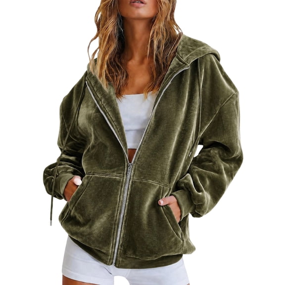 Sewkxo Womens Velvet Zip Up Hoodie Long Sleeve Oversized Hooded Sweatshirt Fall Velour Y2K Jacket with Pockets,Army Green 2XL