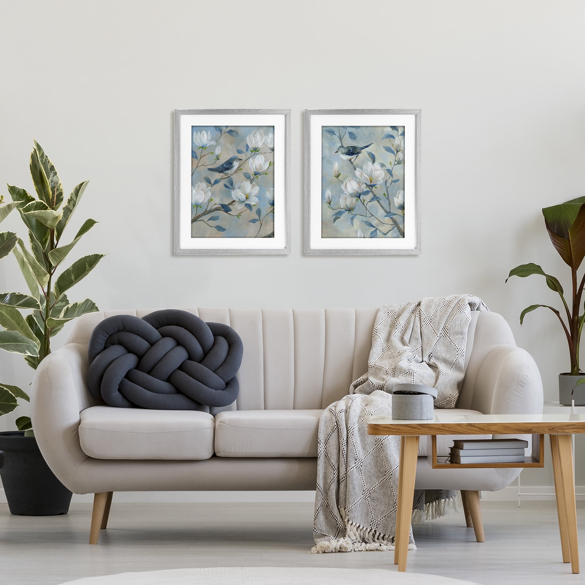 Stupell Industries Blue Birds in Magnolia Tree 2 Piece Gray Framed Print Under Glass Set, design by Nan