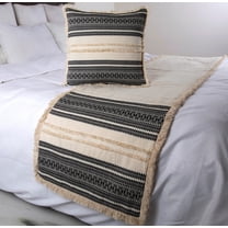 Beige Bed Runner, King Size 90"x18" Decorative Bed Runner With Matching Pillow Cover, Beige & Black Linen Bed Scarf in Quilted, Natural Linen with Lace - Moroccan Vibe