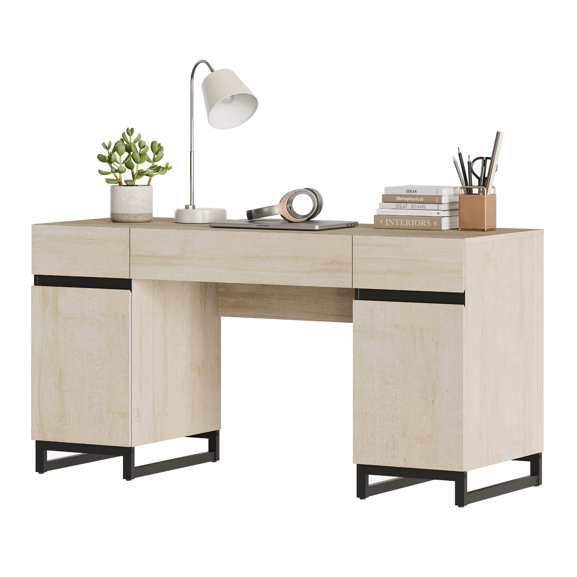 WAMPAT Home Office Furniture Set: 59" Executive Desk with Charging Station and Storage Cabinet, Two 72" Tall Bookcase, Modern Computer Desk and Library Shelf for Work Study, Beige