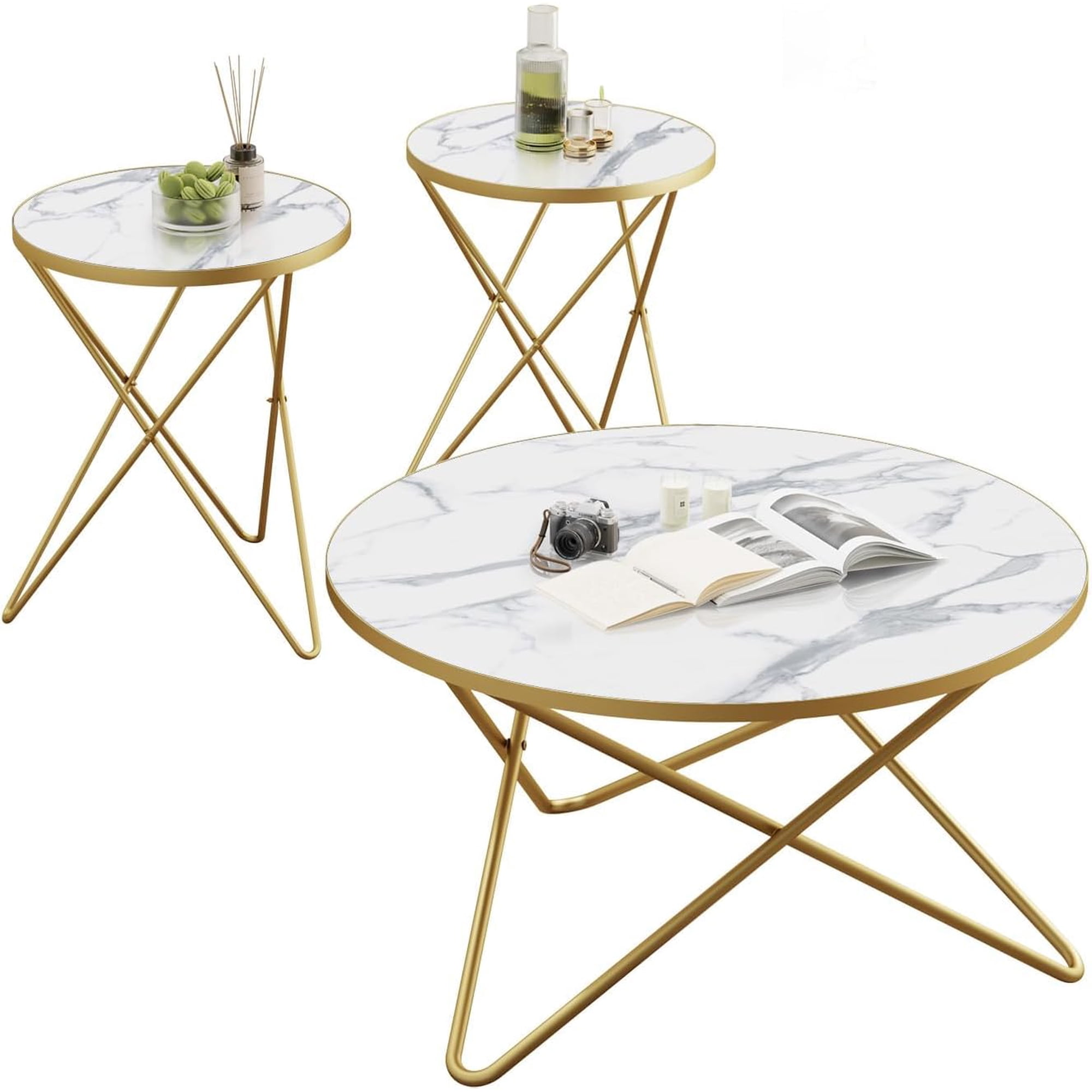 Modern Round Coffee Table and Side Table Set of 3 End Table with Faux Marble Top and Gold Metal Frame Side Table for Living Room Bedroom Sofa and Couch Gold Legs White Marble Top