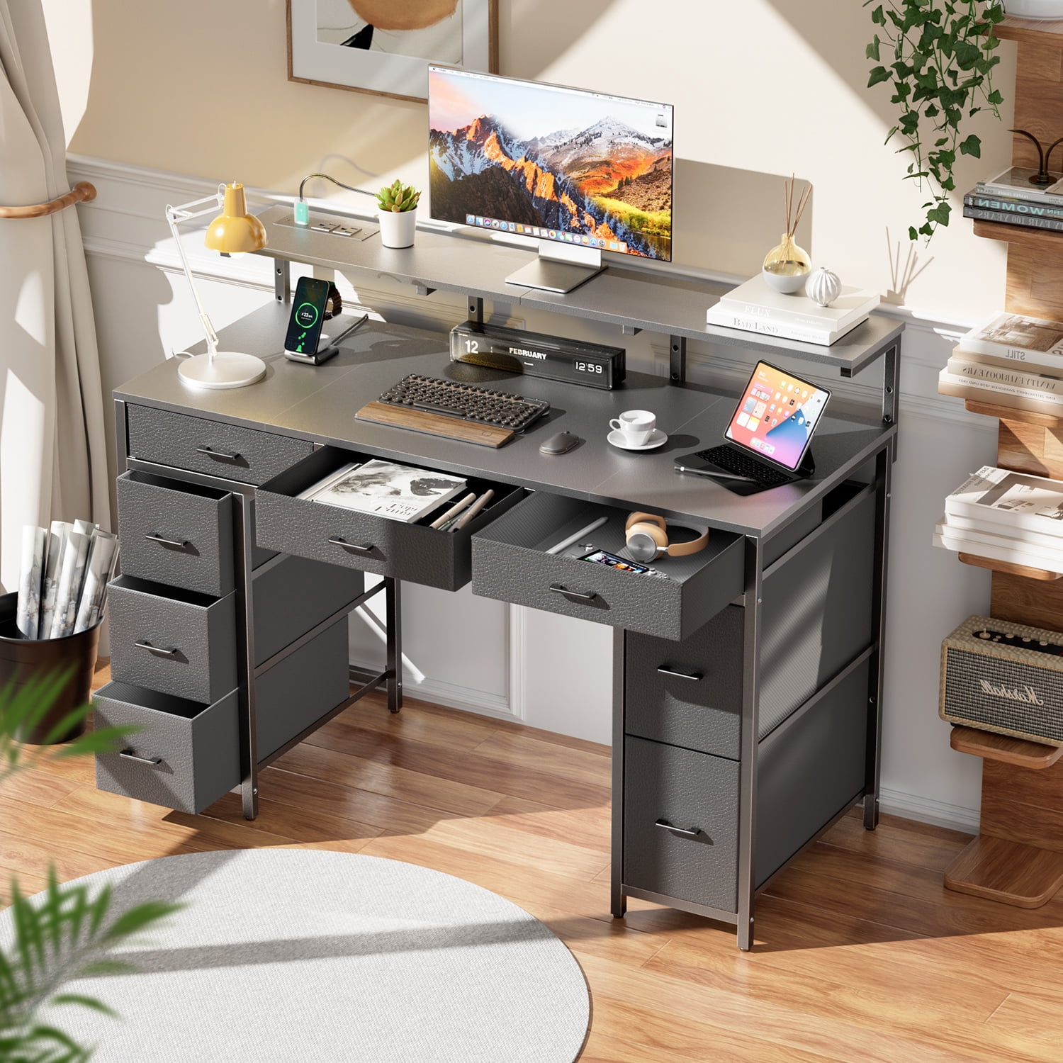 HLDIRECT 47 inch Computer Desk with 8 Drawers, Gaming Desk with LED Lights & USB Power Outlets, Home Office Table with Monitor Stand, Grey
