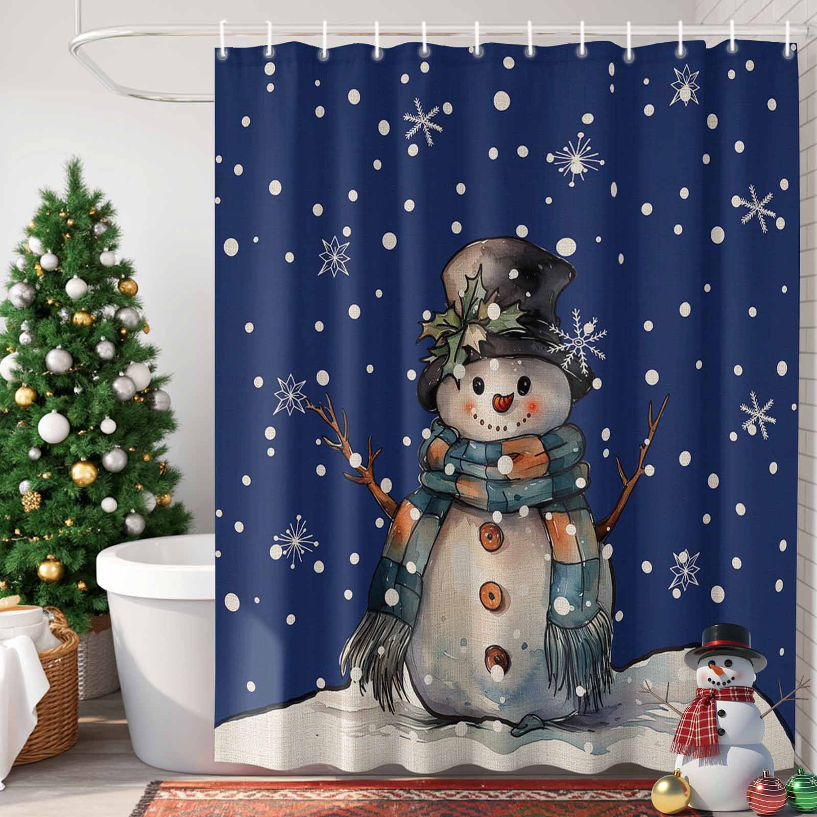 Shower Curtain Bathroom Set Merry Christmas Snowman Winter Snow Waterproof Fabric Shower Curtains with Grommets&Hooks Vintage Linen Navy Blue Privacy Bath Curtain for Bathtub 72x72in