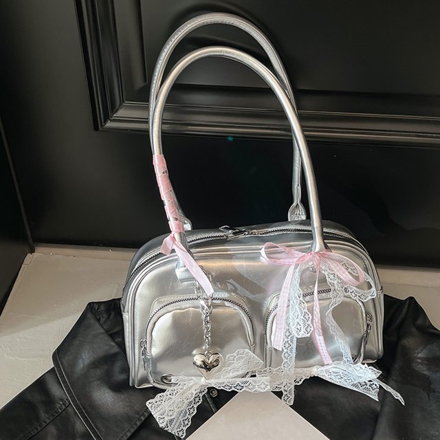 Bolso de hombro Mujeres Bow PU Lace de cuero Axila Bowknot Boston Plata