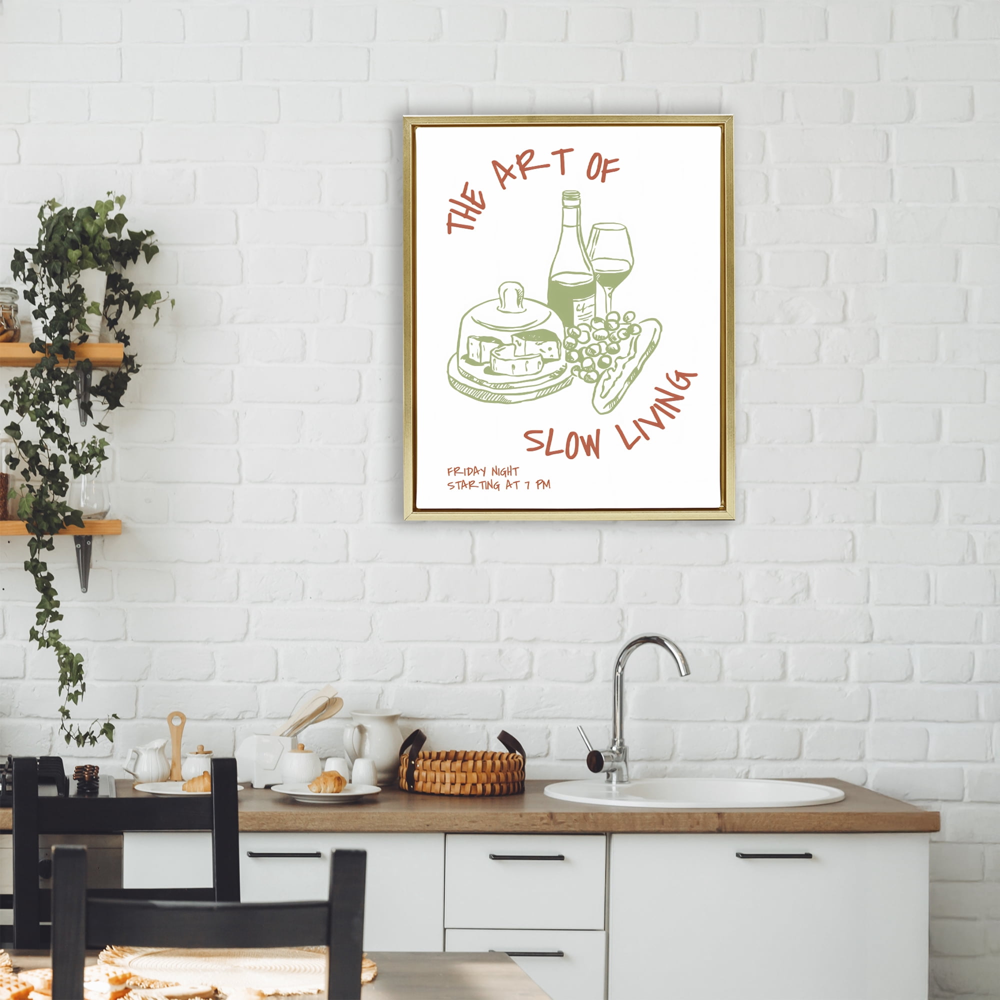 Stupell Industries Slow Living Wine & Cheese Gold Framed Floater Canvas Wall Art, design by The Prints Vibe