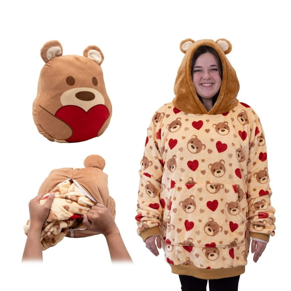 Teddy Hearts Snugible 2-in-1 Blanket Hoodie  Pillow