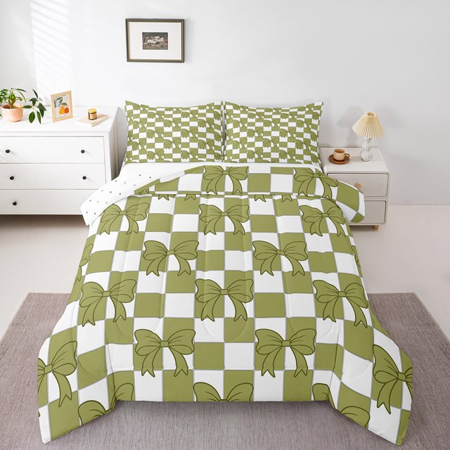 Erosebridal Ensemble de Couette Grand à Nœud de Princesse, Couette en Duvet à Carreaux Buffalo Jaune et Vert, Réversible 3 Pcs