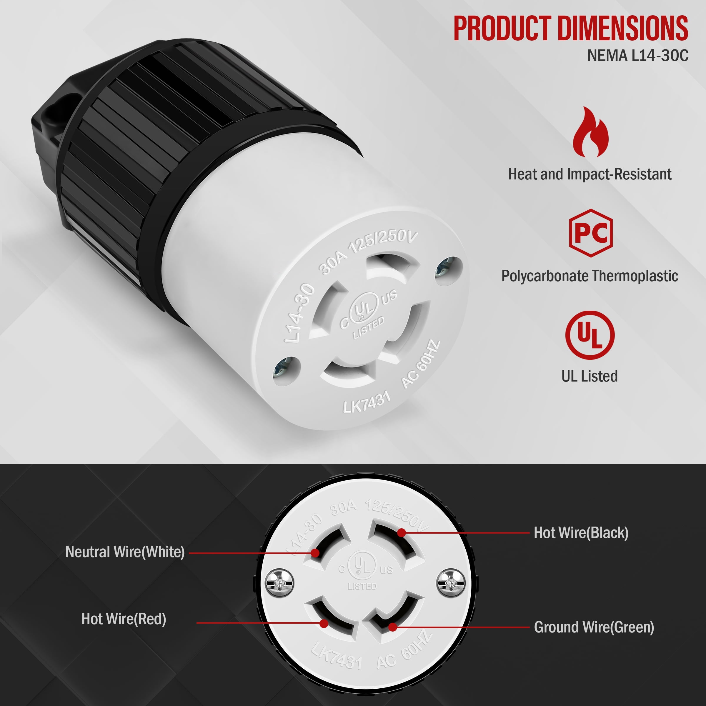 Enerlites Locking Connector NEMA L14-30R, 30 Amp, 125/250 Volt