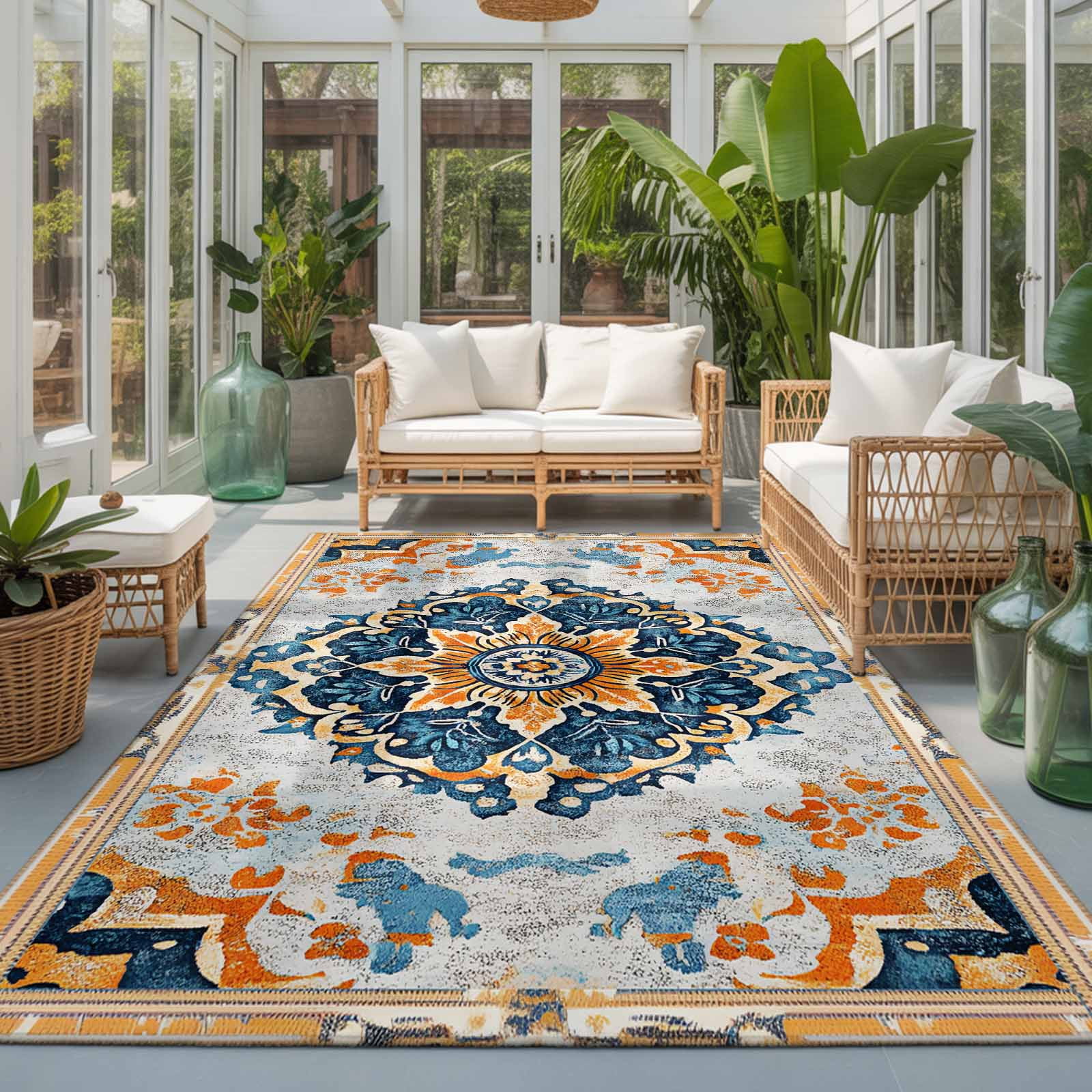 Rectangle Rug 4x6ft Area Rug Boho Vintage Flower Texture Area Rugs for Living Room Bedroom Abstract Traditional Tribal Style Floor Mat Non-Slip Non-Shedding Carpet Indoor Accent Rugs