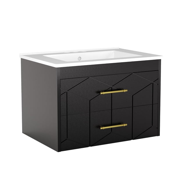 Modern Floating Bathroom Vanity Set, Wall Mounted Cabinet with Large Soft-Close Drawer and Gold Handle, Space-Saving Design