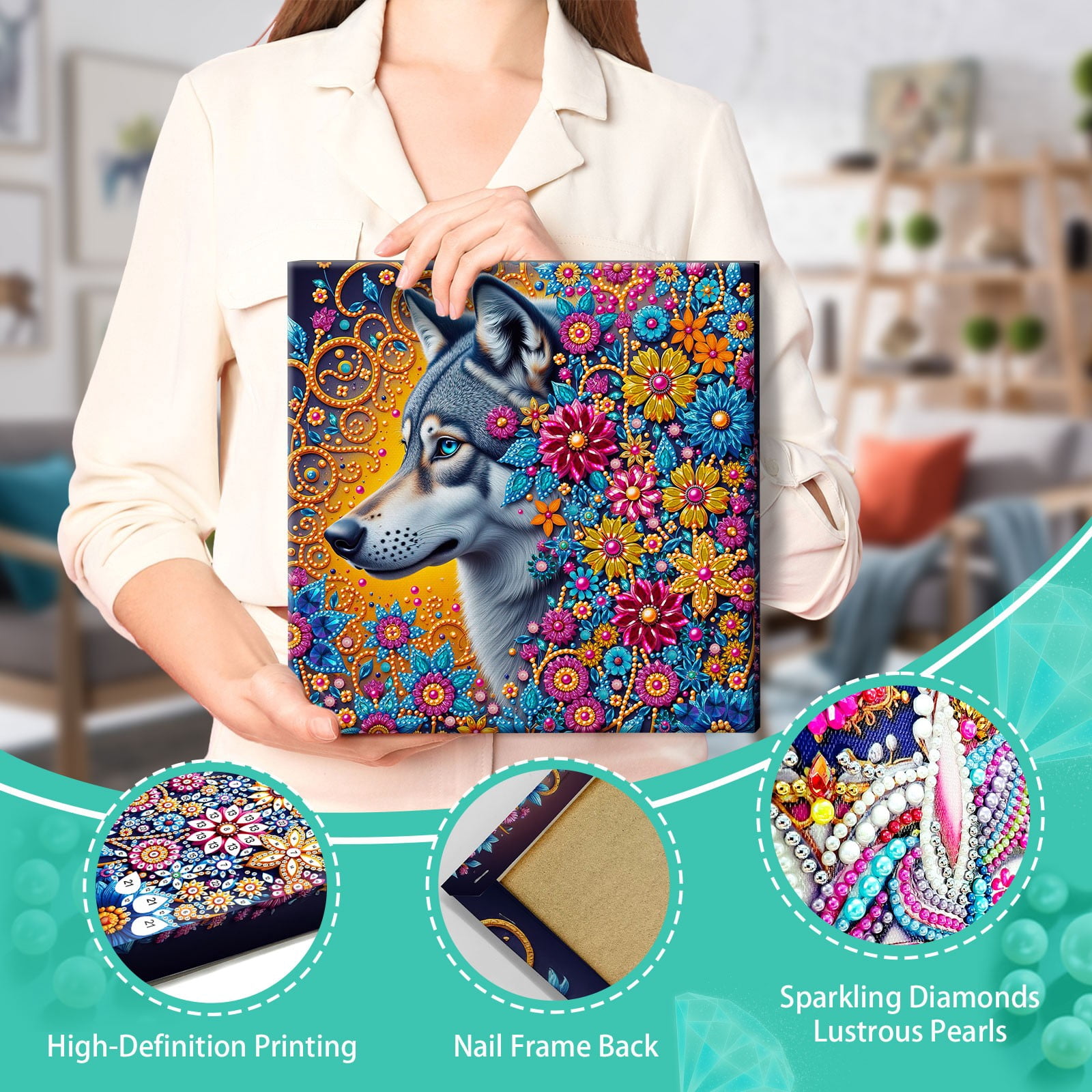 FLOPESN DIY Pearl Painting Kit with Wood Frame, 11.42x11.42 Inch Home Wall Art Decor, Mindful Adult Craft for Stress Relief and Relaxation-Wolf