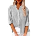 thumbnail image 2 of RQYYD Women's Cotton and Linen Button Down Shirts Long Sleeve Solid Color Lapel V Neck Blouse Casual Fall Work Tunic Tops, 2 of 8