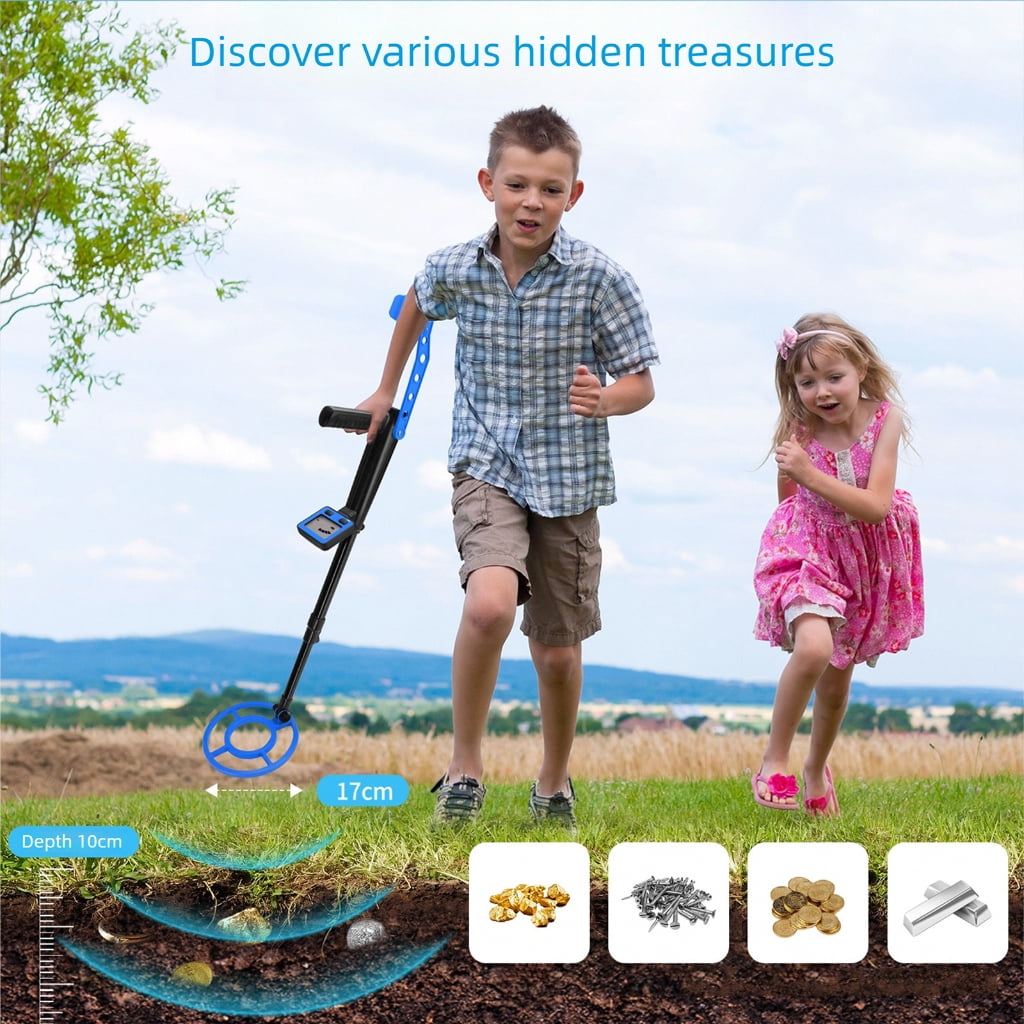 MOMOJIA Kids Metal Detector Lightweight 1.2lbs Adjustable 60cm To 79cm Rod Secure Battery Cover Detects Gold Silver Coin Jewelry 10cm Underground Depth