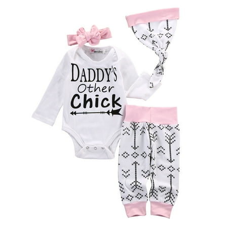 

4PCS Clothes Set Newborn Baby Girl Letter Long Sleeve Romper + Print Long Pants+ Elastic Waist Pants + Hat