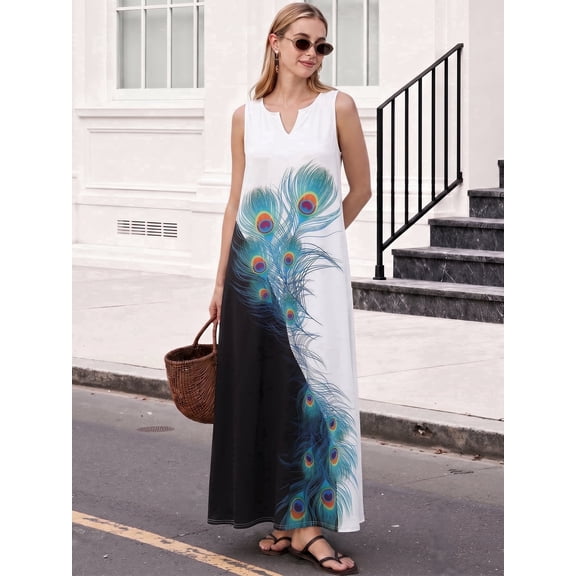 OYYN Women's A-Line Sleeveless V-Neck Relaxed Fit Maxi Casual Dress
