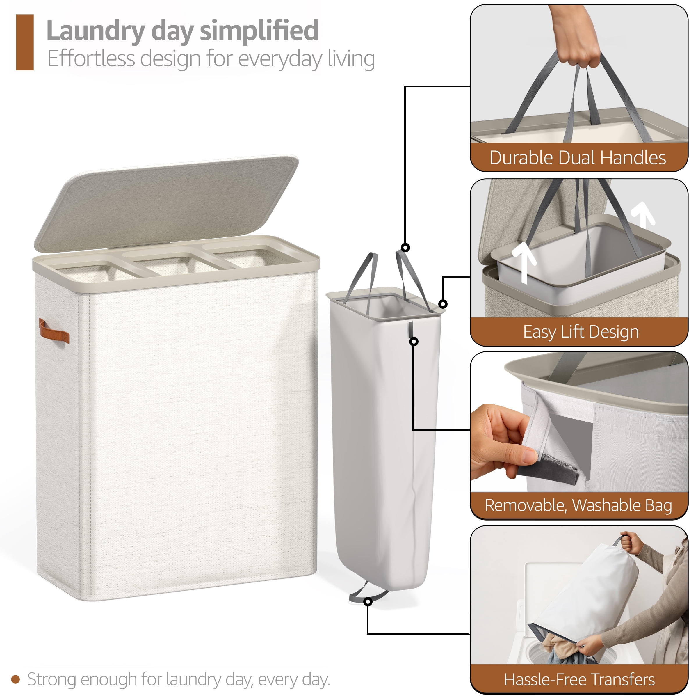 Sorbus Collapsible Fabric Laundry Hamper with Removable Bag, 3 Compartment, Beige